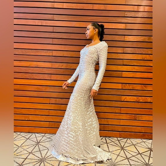 TIFFANYSLABEL SILVER STRETCH EMBROIDERY/CUT OUT GOWN - Picture 5 of 7